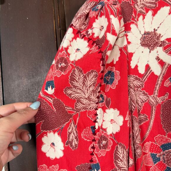 ULLA JOHNSON | Terese Red Floral Cotton Puff Sleeve Blouse | Size 6 - Picture 4 of 9